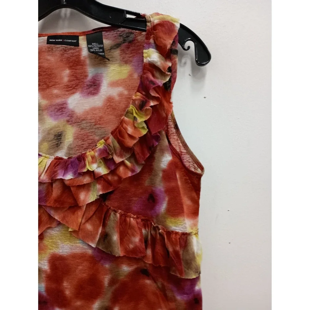 New York & Company VTG Y2K Babydoll Tank Top Womens‎ Large Orange Floral Ruffle